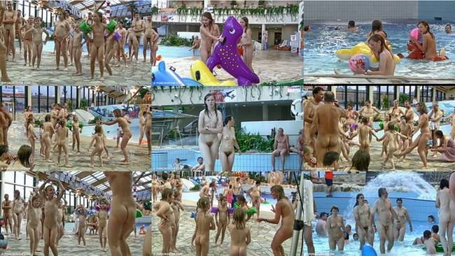 Nudists of all ages swimming in the water park video